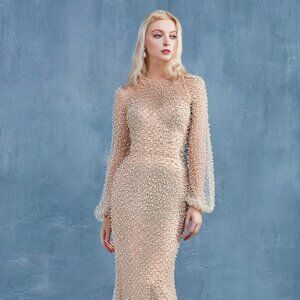 NEW LONG MERMAID MESH DRESS WITH LONG SLEEVES EMBROIDERED WITH PEARLS AL A0997W